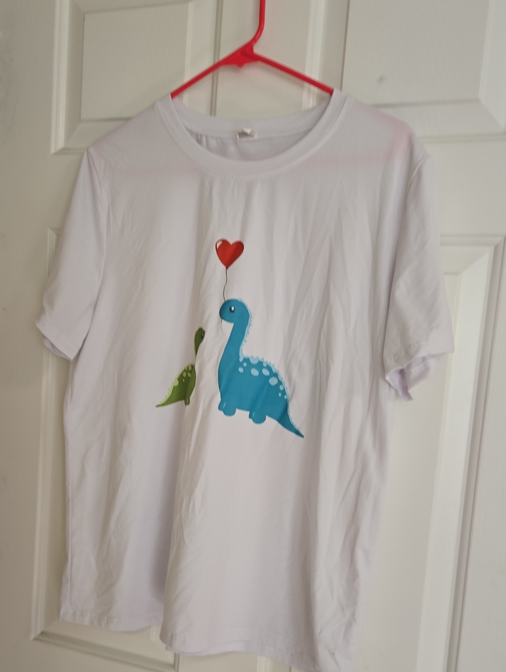 Womens White T-Shirt with Blue Dinosaur and Red Heart Graphic